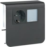 Держатель устройств SL new, c розеткой Schuko (L+N+PE), 16A, 250A AC и светодиодным табло 230В, для профиля 20х55мм, PC/ABS, безгалогеновый, чёрный