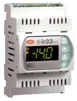 Контроллер IR33 DIN: питание 230В АС, монтаж на DIN-рейку, 4 реле: компрессор, разморозка, вентилятор, м (8 A), ик-сенсор, RTC