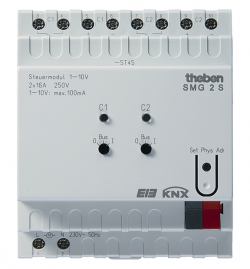 Диммер SMG 2 S KNX, базовый модуль, 2-х канальный светорегулятор с интерфейсом 1-10В для управления ЭПРА и LED, расширение до 6 каналов